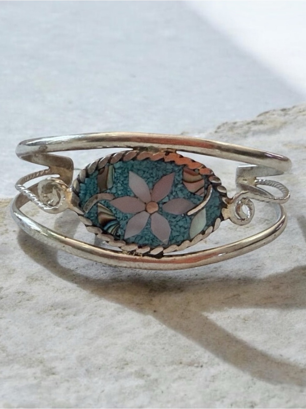 Vintage Mexican Alpaca Silver Inlay Flower Cuff Bracelet